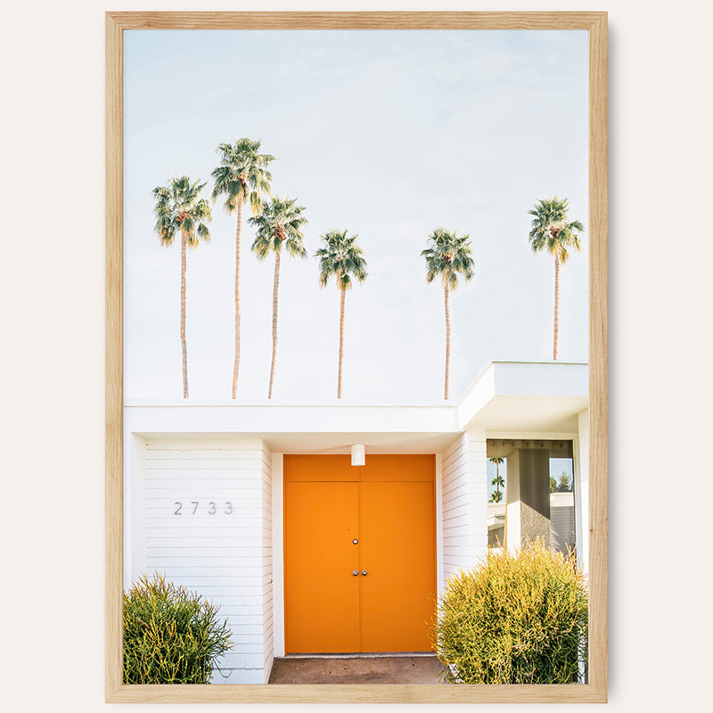 a picture of palm trees and a orange door