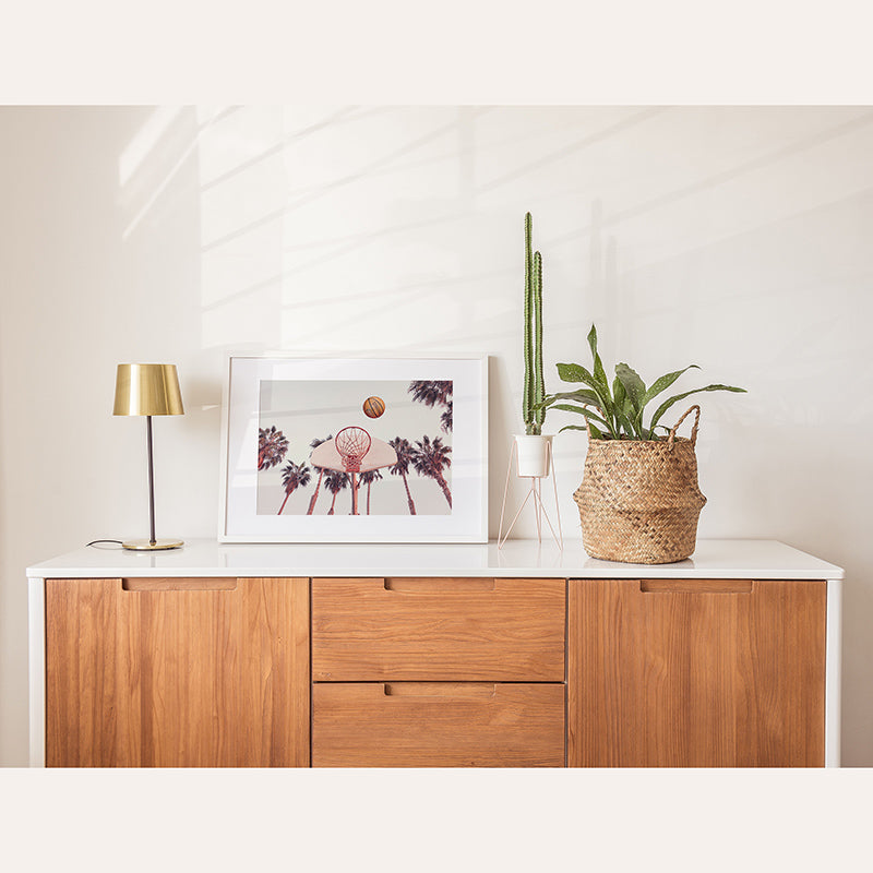 a potted plant sitting on top of a wooden cabinet