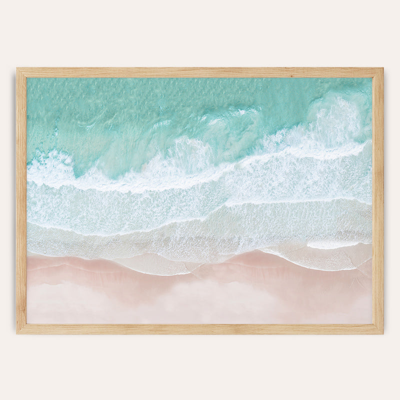 a painting of a beach with waves coming in from the ocean