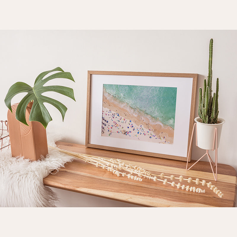 a picture of a beach is on a shelf next to a potted plant