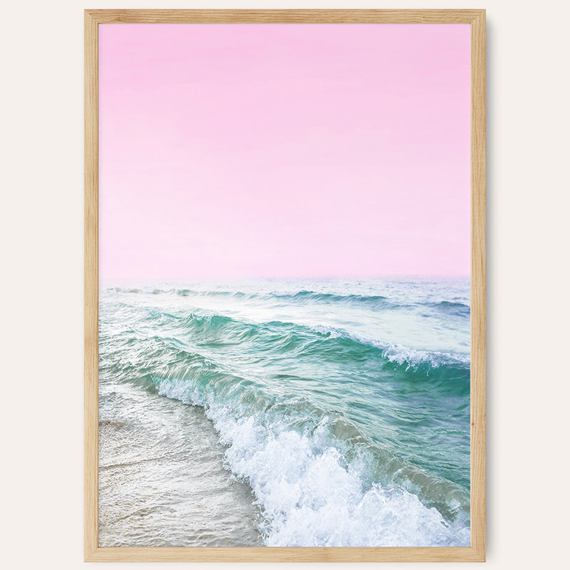 a painting of a pink sky over the ocean