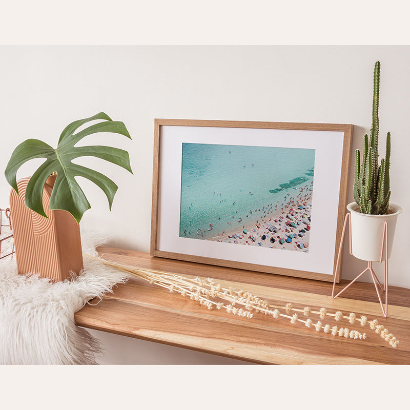 a picture of a beach is on a shelf next to a potted plant