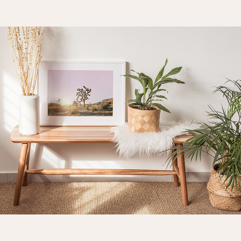 a wooden bench with a potted plant next to it