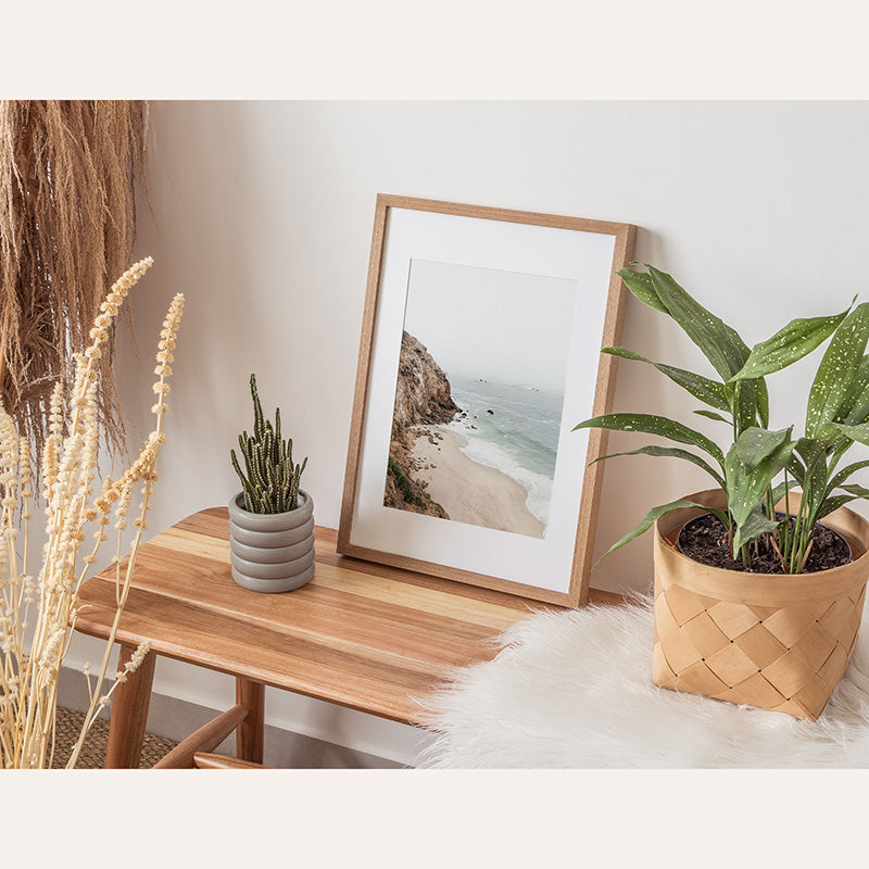 a wooden table topped with a potted plant next to a picture