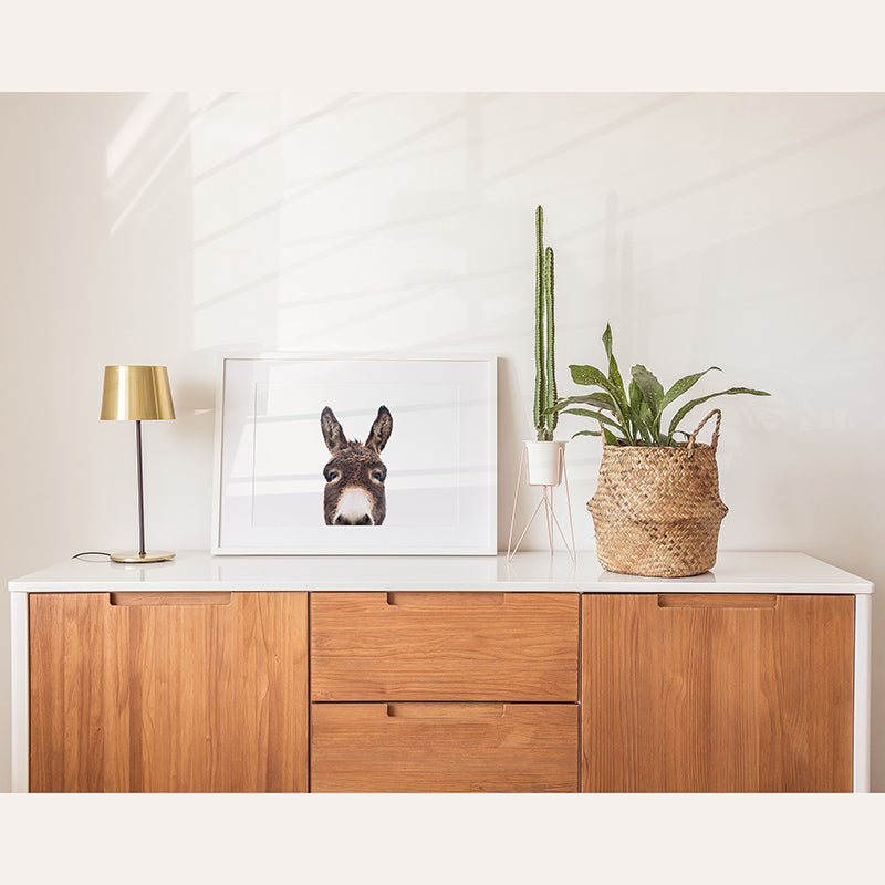 a picture of a rabbit on a wall next to a potted plant